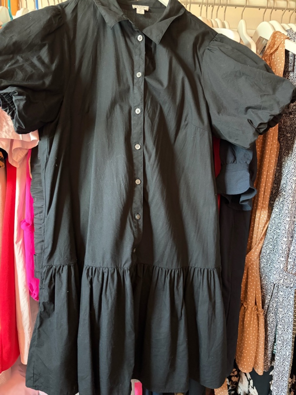 J. Crew Factory Black Button-Front Puff Sleeve Tiered Dress size 12
